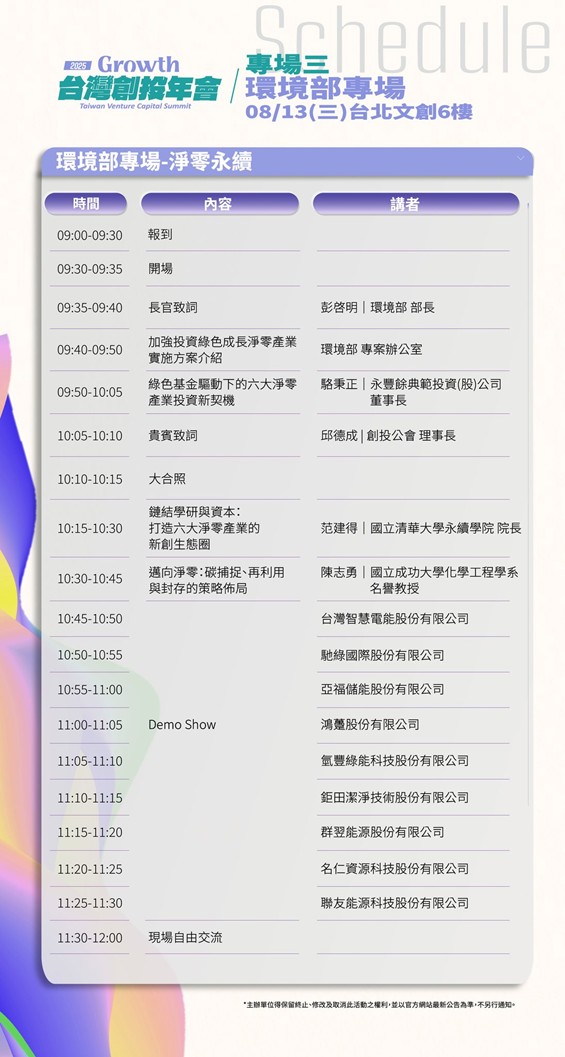 2025台灣創投年會「環境部－淨零永續專場」詳細活動議程表。活動核心亮點與出席貴賓資訊請參閱內文說明。